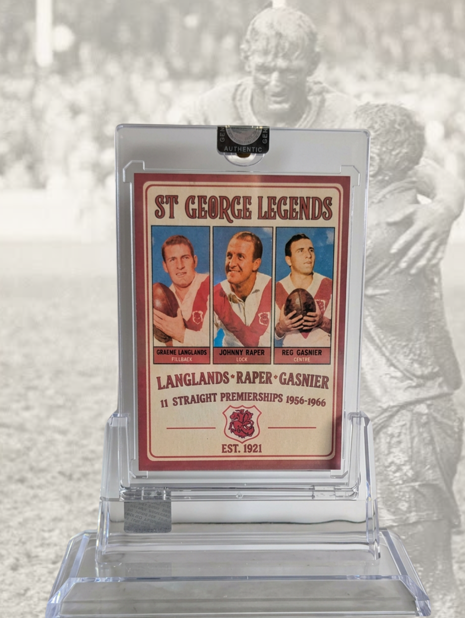 St George Holy Trinity Legends Card — Langlands, Raper & Gasnier custom NRL card in acrylic display