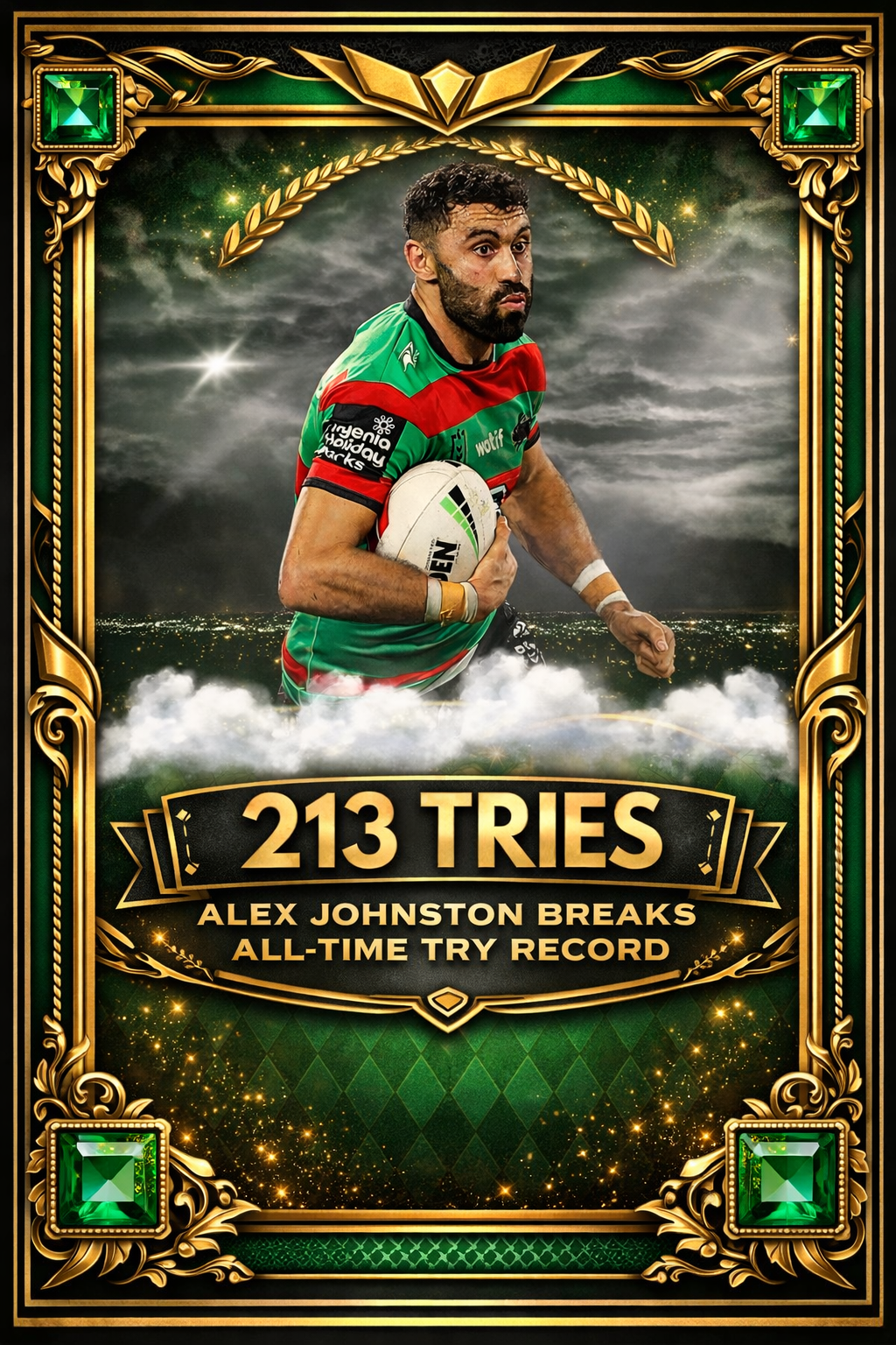 Alex Johnston Record Breaker Custom NRL Trading Card #213 | South Sydney Rabbitohs | Limited Edition Collector Card