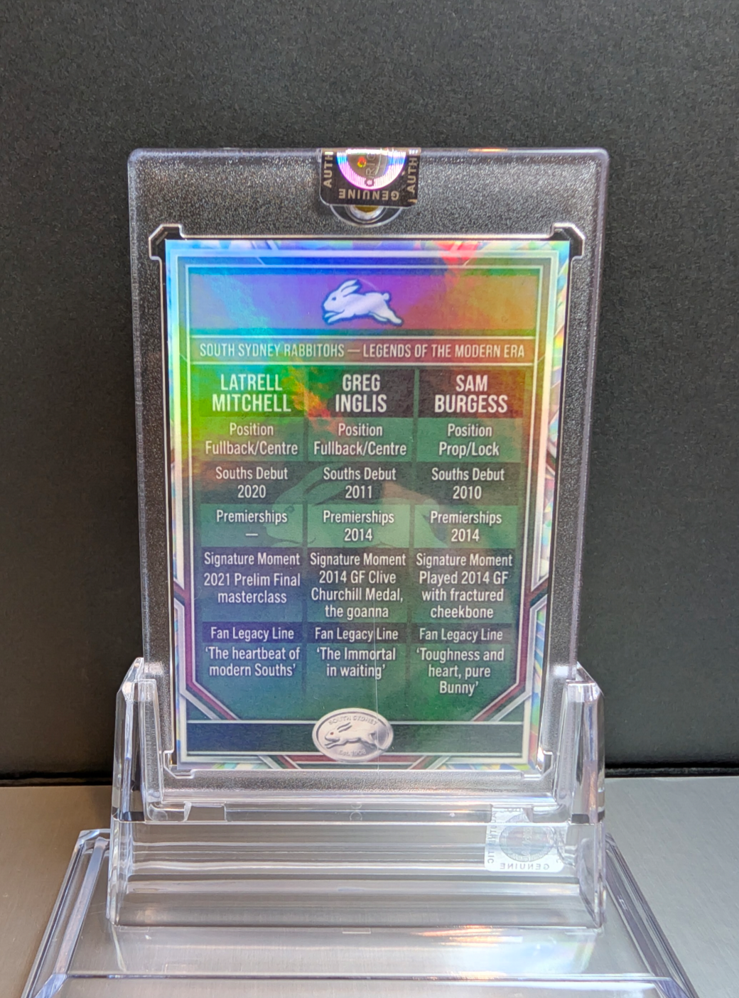 South Sydney Rabbitohs Legends Cracked Ice card - full view