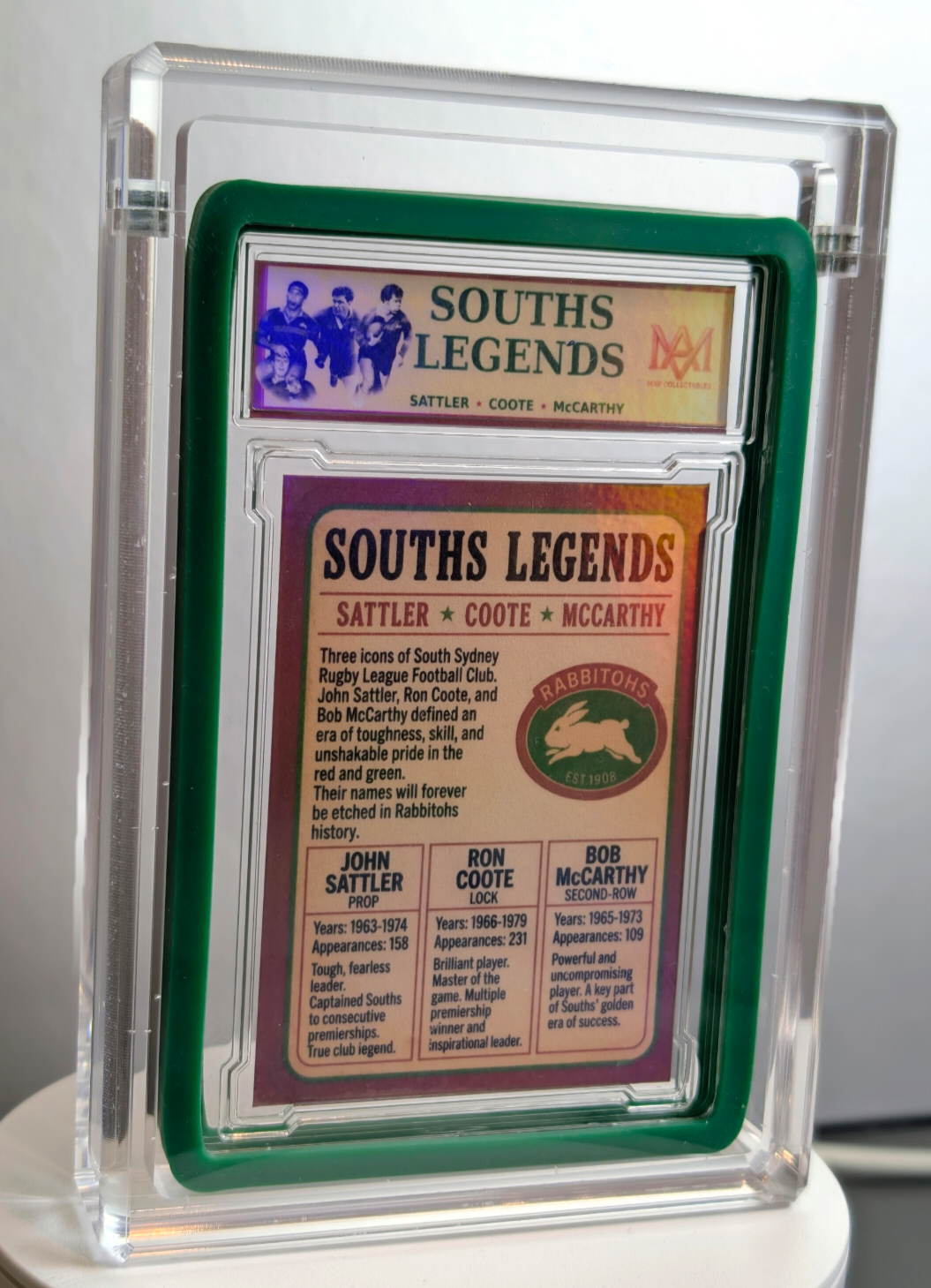 South Sydney Rabbitohs Legends Luxe Acrylic Slab by MAV Collectables — close-up of the Souths Legends slab and custom bumper