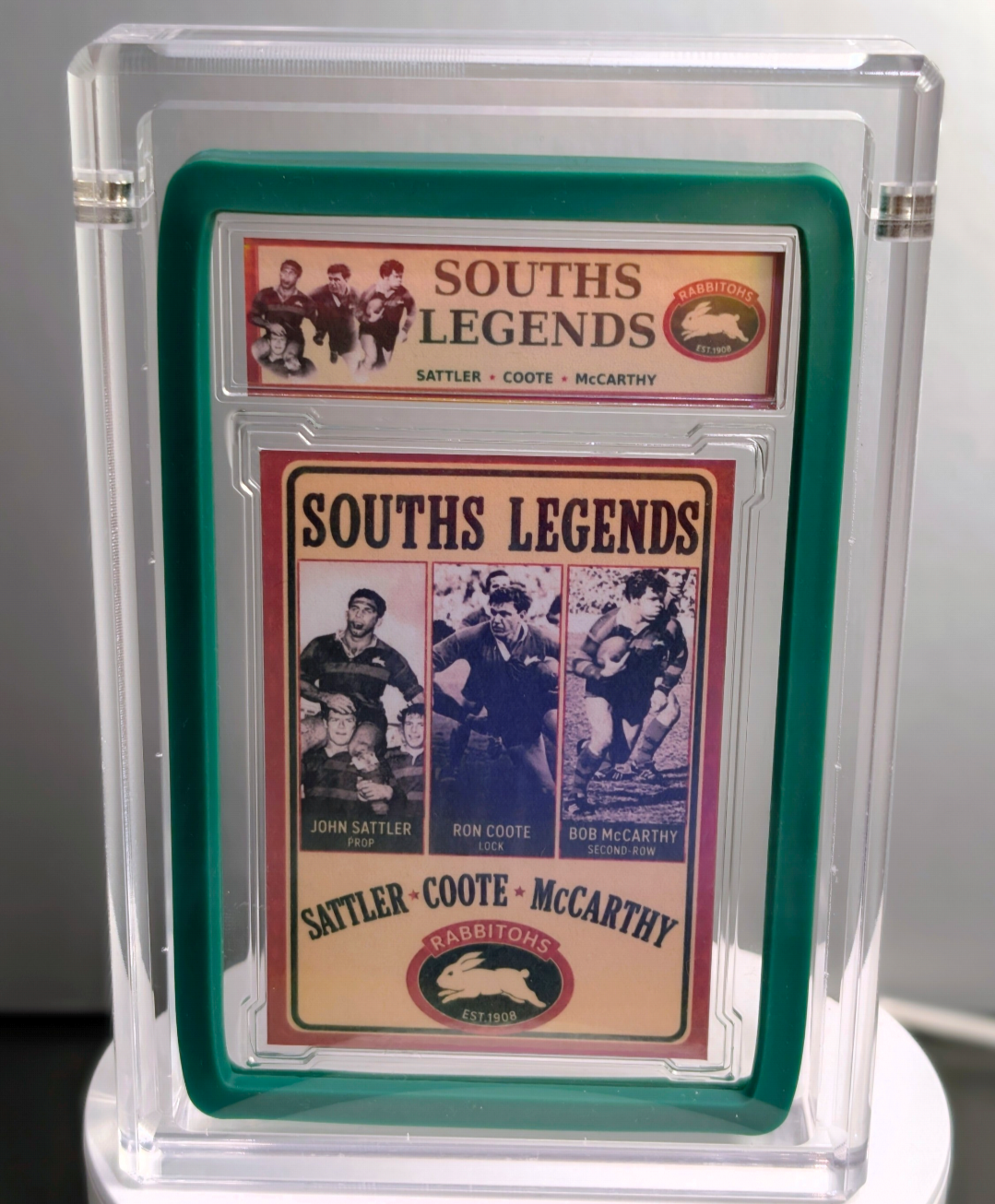 South Sydney Rabbitohs Legends Luxe Acrylic Slab by MAV Collectables — Souths Legends custom fan art card encased in acrylic